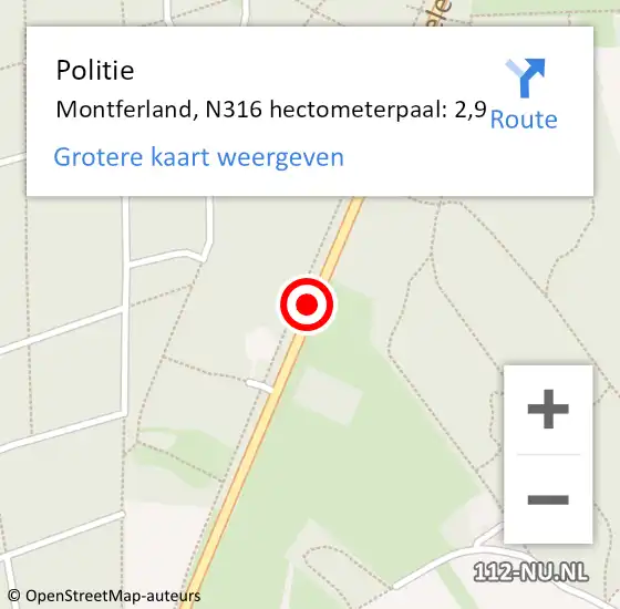 Locatie op kaart van de 112 melding: Politie Montferland, N316 hectometerpaal: 2,9 op 1 april 2023 13:10