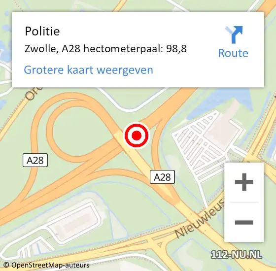 Locatie op kaart van de 112 melding: Politie Zwolle, A28 hectometerpaal: 98,8 op 1 april 2023 20:23