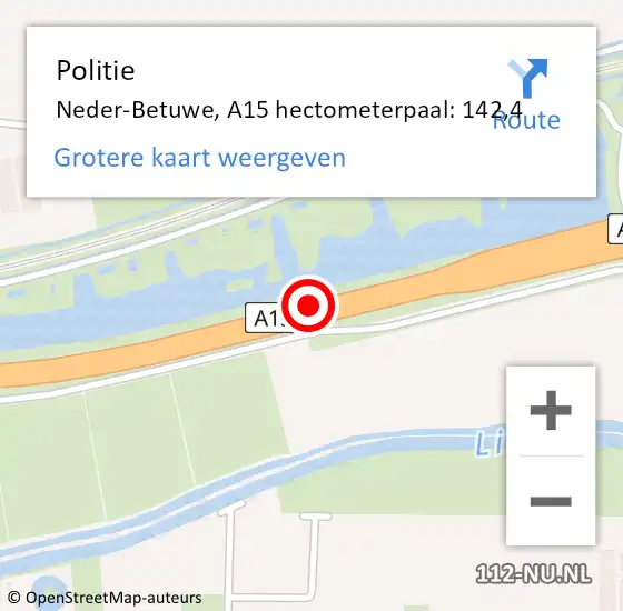 Locatie op kaart van de 112 melding: Politie Neder-Betuwe, A15 hectometerpaal: 142,4 op 2 april 2023 05:05