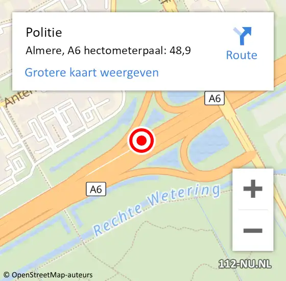 Locatie op kaart van de 112 melding: Politie Almere, A6 hectometerpaal: 48,9 op 2 april 2023 06:28