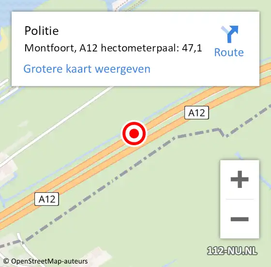 Locatie op kaart van de 112 melding: Politie Montfoort, A12 hectometerpaal: 47,1 op 2 april 2023 07:00