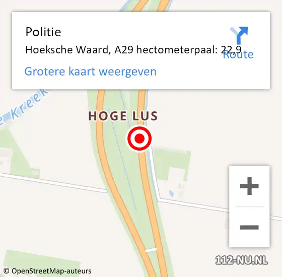 Locatie op kaart van de 112 melding: Politie Hoeksche Waard, A29 hectometerpaal: 22,9 op 2 april 2023 09:47