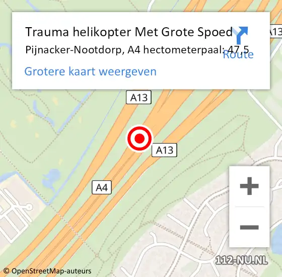 Locatie op kaart van de 112 melding: Trauma helikopter Met Grote Spoed Naar Pijnacker-Nootdorp, A4 hectometerpaal: 47,5 op 2 april 2023 12:55