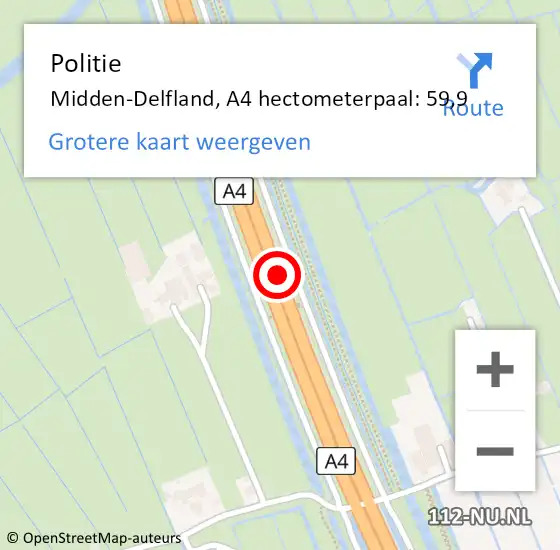 Locatie op kaart van de 112 melding: Politie Midden-Delfland, A4 hectometerpaal: 59,9 op 2 april 2023 16:04