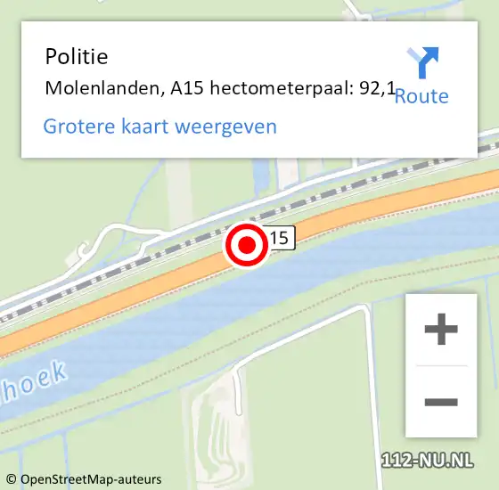 Locatie op kaart van de 112 melding: Politie Molenlanden, A15 hectometerpaal: 92,1 op 2 april 2023 17:42