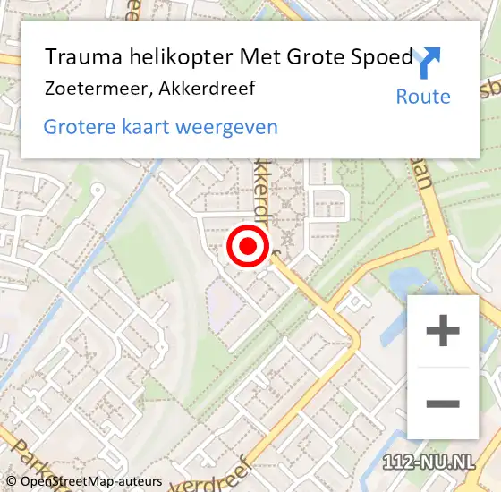 Locatie op kaart van de 112 melding: Trauma helikopter Met Grote Spoed Naar Zoetermeer, Akkerdreef op 2 april 2023 19:16