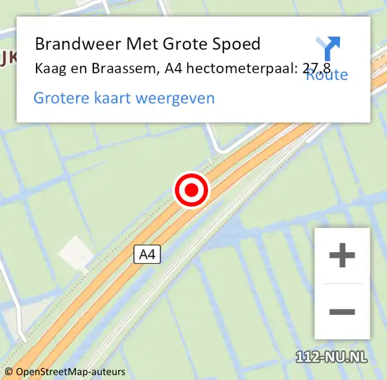 Locatie op kaart van de 112 melding: Brandweer Met Grote Spoed Naar Kaag en Braassem, A4 hectometerpaal: 27,8 op 3 april 2023 06:25