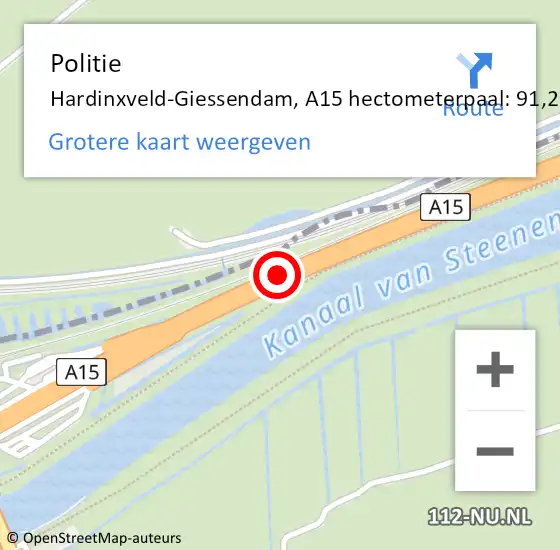 Locatie op kaart van de 112 melding: Politie Hardinxveld-Giessendam, A15 hectometerpaal: 91,2 op 3 april 2023 06:52
