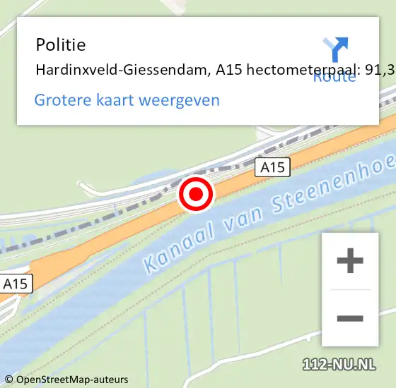 Locatie op kaart van de 112 melding: Politie Hardinxveld-Giessendam, A15 hectometerpaal: 91,3 op 3 april 2023 06:55