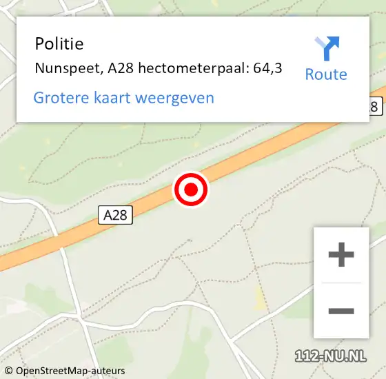 Locatie op kaart van de 112 melding: Politie Nunspeet, A28 hectometerpaal: 64,3 op 3 april 2023 07:53