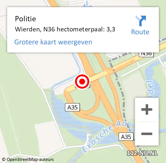 Locatie op kaart van de 112 melding: Politie Wierden, N36 hectometerpaal: 3,3 op 3 april 2023 08:35