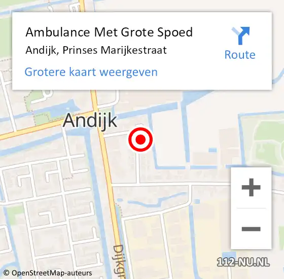 Locatie op kaart van de 112 melding: Ambulance Met Grote Spoed Naar Andijk, Prinses Marijkestraat op 3 april 2023 09:18