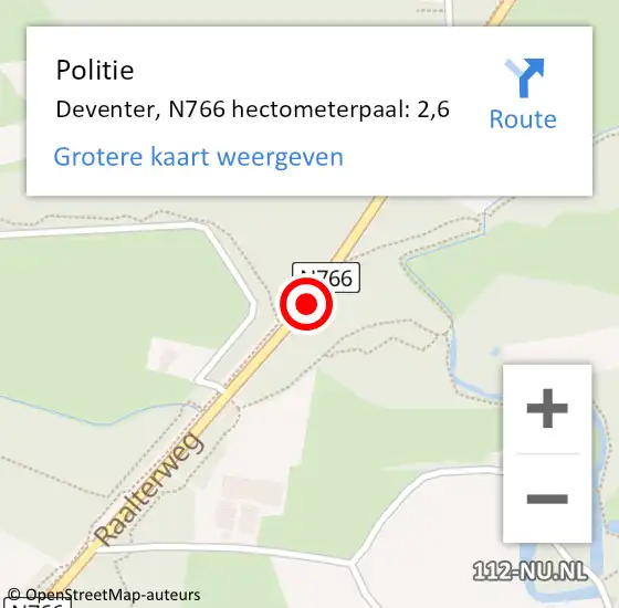 Locatie op kaart van de 112 melding: Politie Deventer, N766 hectometerpaal: 2,6 op 3 april 2023 11:00