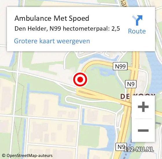 Locatie op kaart van de 112 melding: Ambulance Met Spoed Naar Den Helder, N99 hectometerpaal: 2,5 op 3 april 2023 15:25