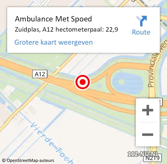 Locatie op kaart van de 112 melding: Ambulance Met Spoed Naar Zuidplas, A12 hectometerpaal: 22,9 op 3 april 2023 15:50