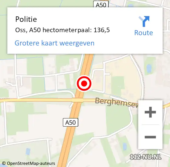 Locatie op kaart van de 112 melding: Politie Oss, A50 hectometerpaal: 136,5 op 3 april 2023 16:17