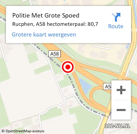 Locatie op kaart van de 112 melding: Politie Met Grote Spoed Naar Rucphen, A58 hectometerpaal: 80,7 op 3 april 2023 16:37