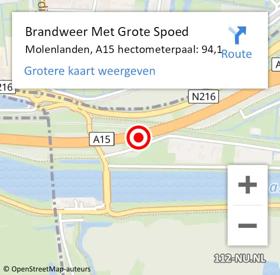 Locatie op kaart van de 112 melding: Brandweer Met Grote Spoed Naar Molenlanden, A15 hectometerpaal: 94,1 op 3 april 2023 16:46