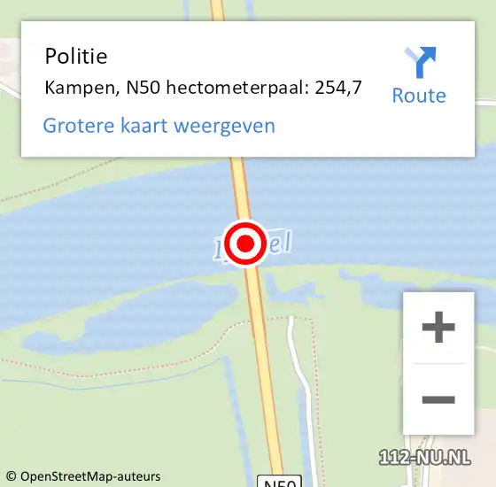 Locatie op kaart van de 112 melding: Politie Kampen, N50 hectometerpaal: 254,7 op 3 april 2023 17:34
