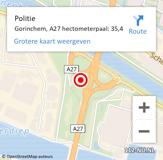 Locatie op kaart van de 112 melding: Politie Gorinchem, A27 hectometerpaal: 35,4 op 3 april 2023 18:06