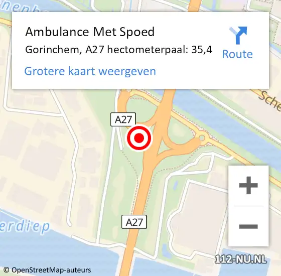 Locatie op kaart van de 112 melding: Ambulance Met Spoed Naar Gorinchem, A27 hectometerpaal: 35,4 op 3 april 2023 18:06