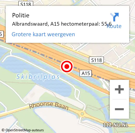 Locatie op kaart van de 112 melding: Politie Albrandswaard, A15 hectometerpaal: 55,6 op 3 april 2023 18:10