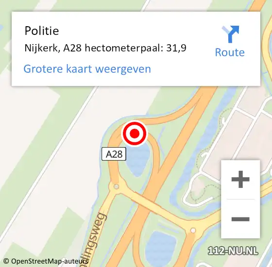 Locatie op kaart van de 112 melding: Politie Nijkerk, A28 hectometerpaal: 31,9 op 3 april 2023 18:37