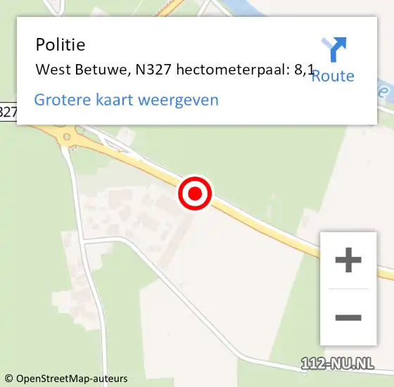 Locatie op kaart van de 112 melding: Politie West Betuwe, N327 hectometerpaal: 8,1 op 4 april 2023 06:35