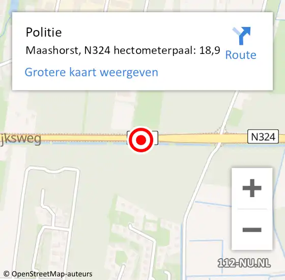 Locatie op kaart van de 112 melding: Politie Maashorst, N324 hectometerpaal: 18,9 op 4 april 2023 07:30