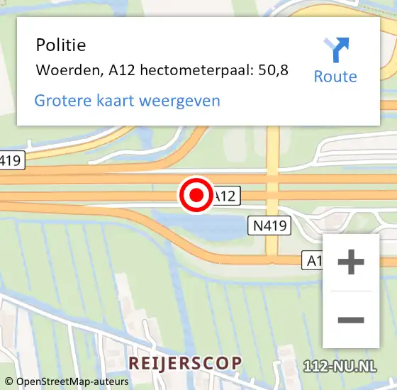 Locatie op kaart van de 112 melding: Politie Woerden, A12 hectometerpaal: 50,8 op 4 april 2023 08:33