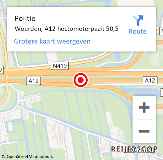 Locatie op kaart van de 112 melding: Politie Woerden, A12 hectometerpaal: 50,5 op 4 april 2023 08:34