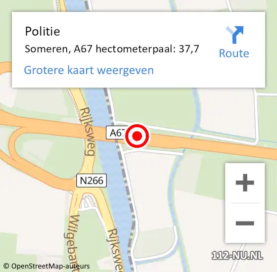 Locatie op kaart van de 112 melding: Politie Someren, A67 hectometerpaal: 37,7 op 4 april 2023 08:50