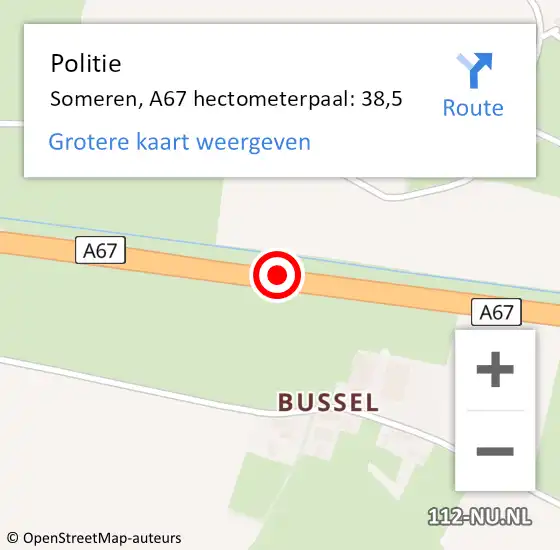 Locatie op kaart van de 112 melding: Politie Someren, A67 hectometerpaal: 38,5 op 4 april 2023 08:52