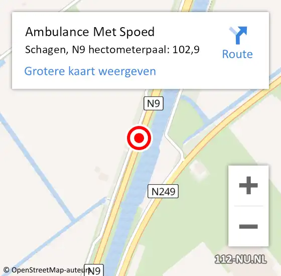 Locatie op kaart van de 112 melding: Ambulance Met Spoed Naar Schagen, N9 hectometerpaal: 102,9 op 4 april 2023 10:58