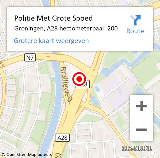 Locatie op kaart van de 112 melding: Politie Met Grote Spoed Naar Groningen, A28 hectometerpaal: 200 op 4 april 2023 14:56