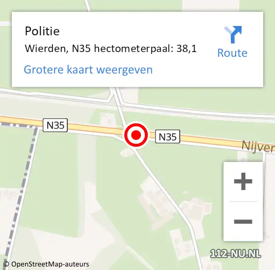 Locatie op kaart van de 112 melding: Politie Wierden, N35 hectometerpaal: 38,1 op 4 april 2023 15:42