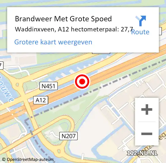 Locatie op kaart van de 112 melding: Brandweer Met Grote Spoed Naar Waddinxveen, A12 hectometerpaal: 27,7 op 4 april 2023 18:05