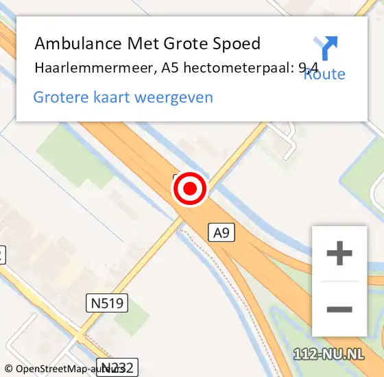 Locatie op kaart van de 112 melding: Ambulance Met Grote Spoed Naar Haarlemmermeer, A5 hectometerpaal: 9,4 op 4 april 2023 18:13