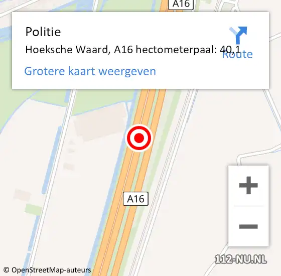 Locatie op kaart van de 112 melding: Politie Hoeksche Waard, A16 hectometerpaal: 40,1 op 4 april 2023 18:39