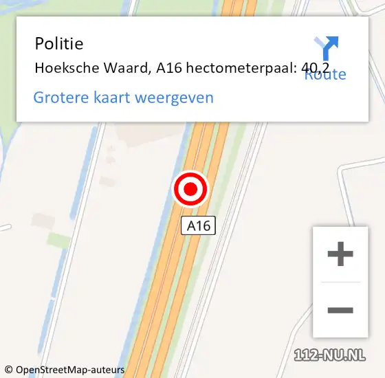 Locatie op kaart van de 112 melding: Politie Hoeksche Waard, A16 hectometerpaal: 40,2 op 4 april 2023 18:39