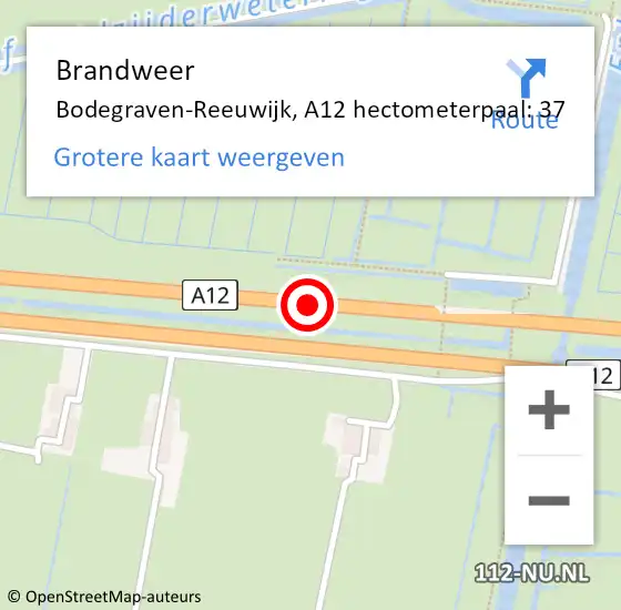 Locatie op kaart van de 112 melding: Brandweer Bodegraven-Reeuwijk, A12 hectometerpaal: 37 op 4 april 2023 22:50