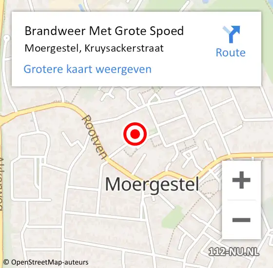 Locatie op kaart van de 112 melding: Brandweer Met Grote Spoed Naar Moergestel, Kruysackerstraat op 5 april 2023 04:27