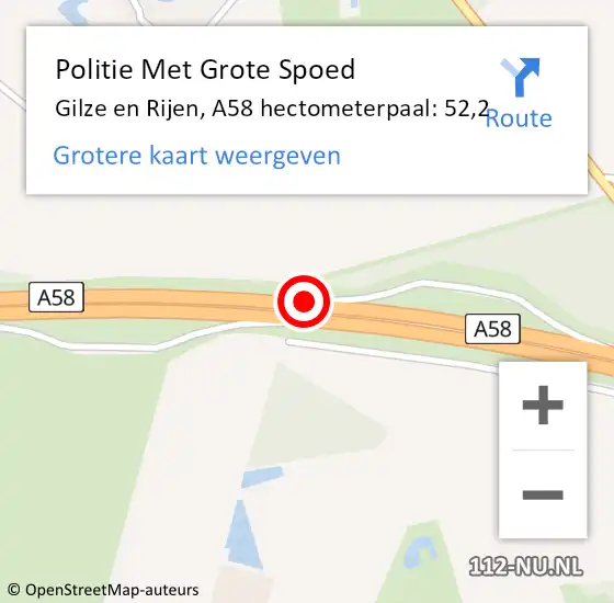 Locatie op kaart van de 112 melding: Politie Met Grote Spoed Naar Gilze en Rijen, A58 hectometerpaal: 52,2 op 5 april 2023 07:30