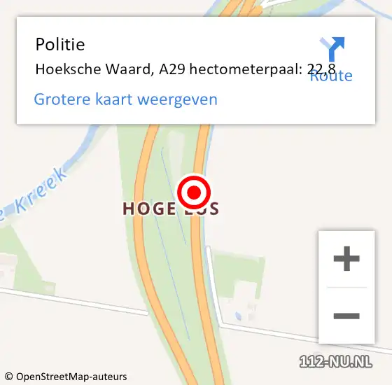 Locatie op kaart van de 112 melding: Politie Hoeksche Waard, A29 hectometerpaal: 22,8 op 5 april 2023 07:47