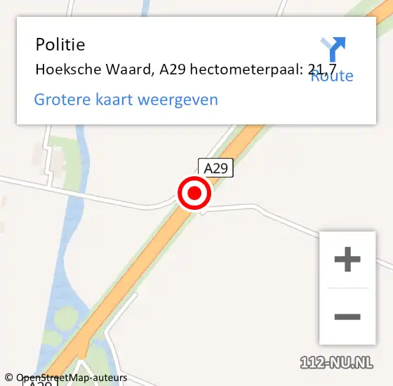 Locatie op kaart van de 112 melding: Politie Hoeksche Waard, A29 hectometerpaal: 21,7 op 5 april 2023 07:49