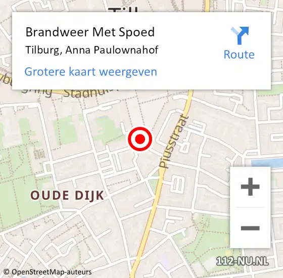 Locatie op kaart van de 112 melding: Brandweer Met Spoed Naar Tilburg, Anna Paulownahof op 5 april 2023 11:28