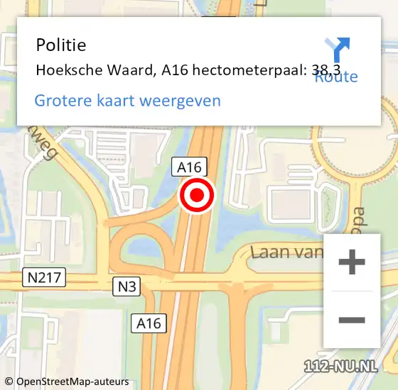 Locatie op kaart van de 112 melding: Politie Hoeksche Waard, A16 hectometerpaal: 38,3 op 5 april 2023 12:37