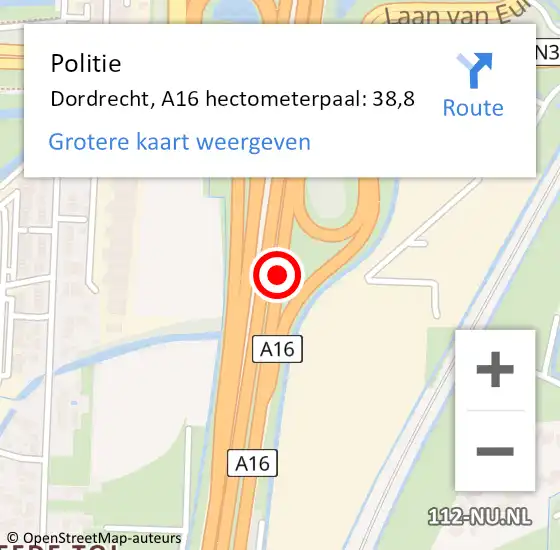 Locatie op kaart van de 112 melding: Politie Hoeksche Waard, A16 hectometerpaal: 38,8 op 5 april 2023 12:38