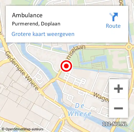 Locatie op kaart van de 112 melding: Ambulance Purmerend, Doplaan op 5 april 2023 18:28