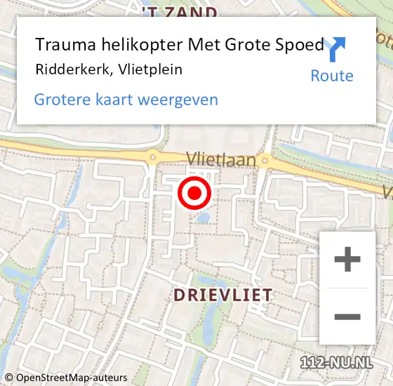 Locatie op kaart van de 112 melding: Trauma helikopter Met Grote Spoed Naar Ridderkerk, Vlietplein op 5 april 2023 19:08